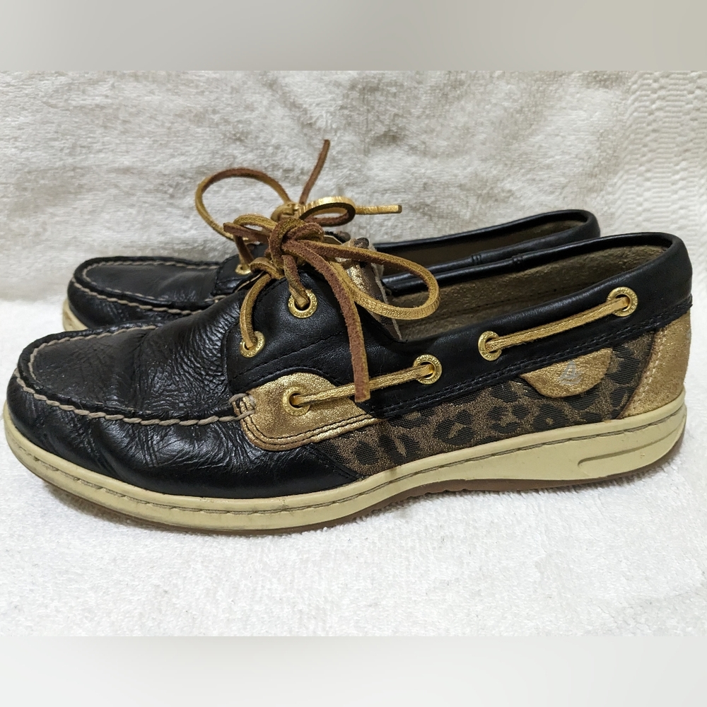 Sperry Topsiders Boat Shoes Black, Gold and Cheetah Print Sz 8